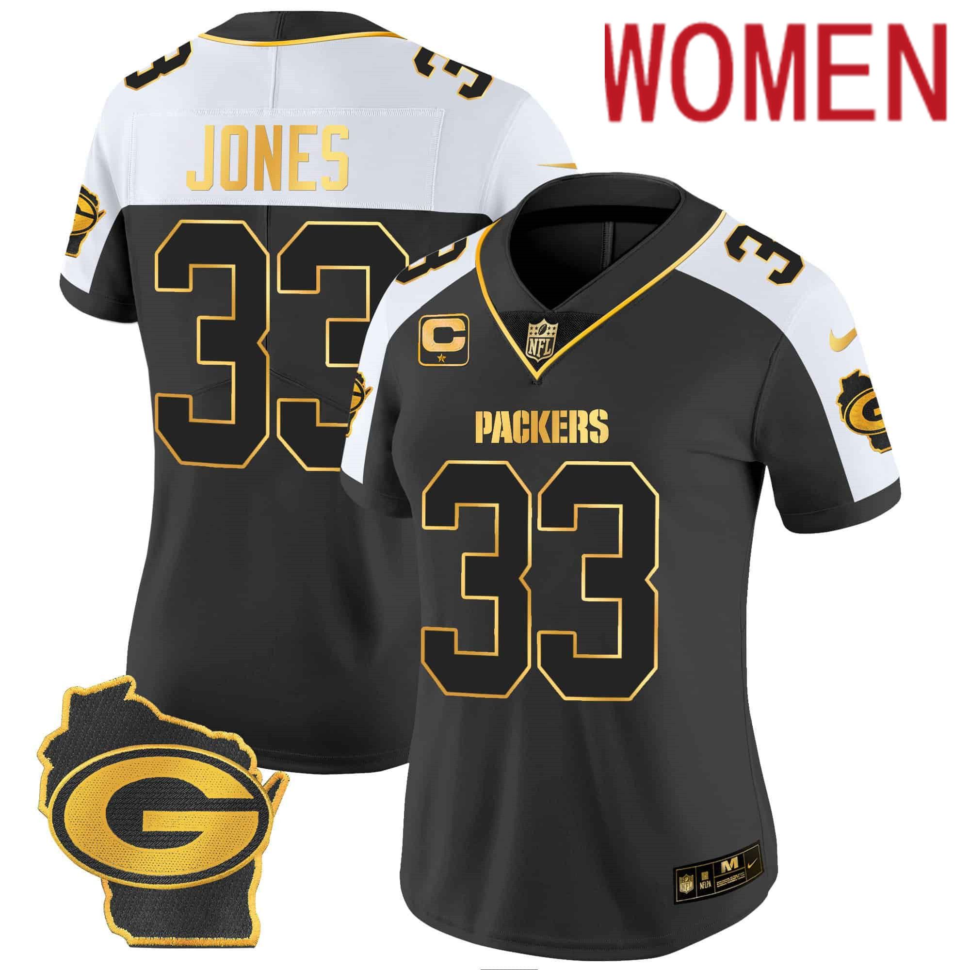 Women Green Bay Packers 33 Jones Black Gold 2024 Nike Home Patch Vapor NFL Jersey
